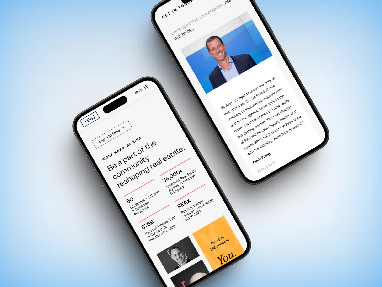 Join Real mobile homepage and contact page