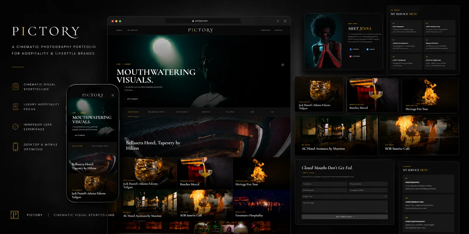 Pictory: A dark, atmospheric portfolio site for a hospitality and lifestyle photographer.